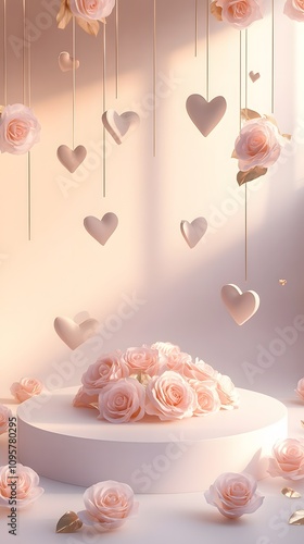 A romantic white podium adorned with soft pink roses, bathed in warm golden light, surrounded by floating hearts, leaving ample space in the center for showcasing a product.