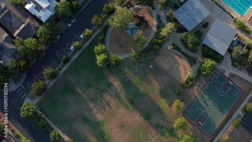 Stunning sunset aerial view of Mueller neighborhood in Austin, Texas