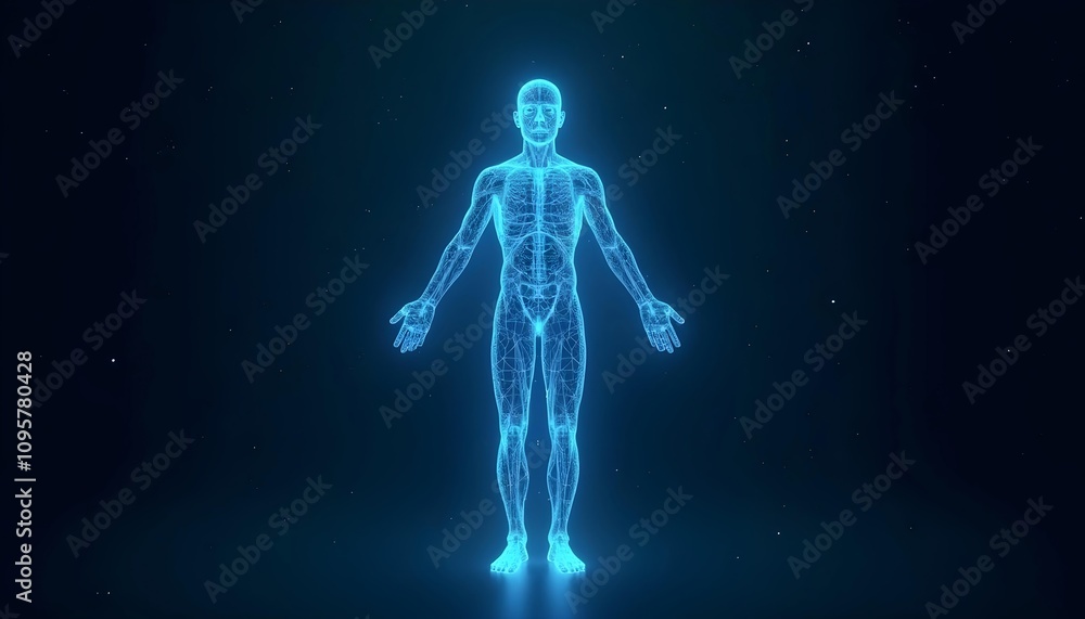 Luminous blue wireframe human body diagram, interconnected lines and point networks, Luminous blue wireframe human body diagram, interconnected lines and point networks,