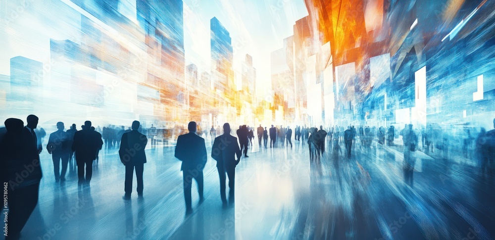 Silhouettes of people walking in a city with blurred motion effect. Silhouettes of people walking in a city with blurred motion effect.