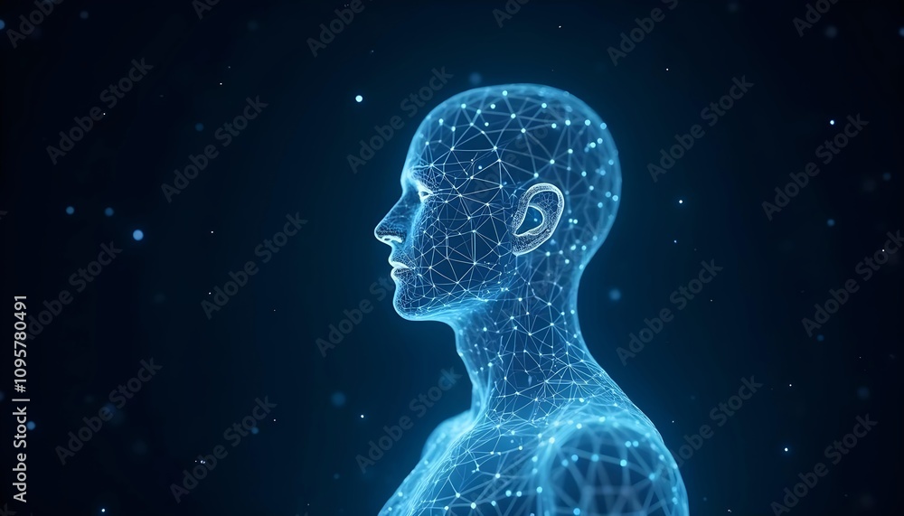 Luminous blue wireframe human body diagram, interconnected lines and point networks, Luminous blue wireframe human body diagram, interconnected lines and point networks,