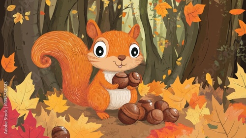 Playful Squirrel Gathering Acorns in Autumn Forest photo