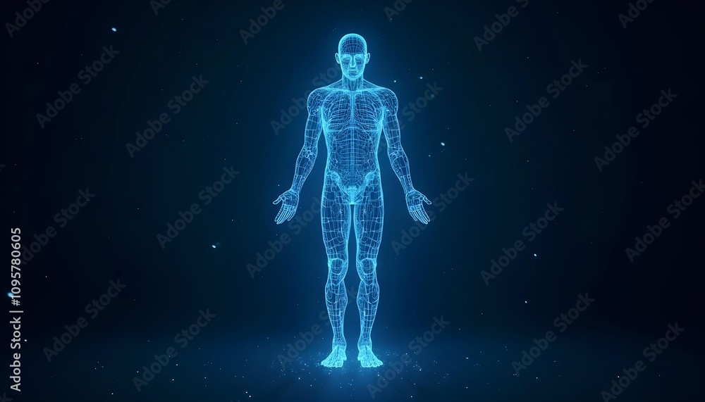 Luminous blue wireframe human body diagram, interconnected lines and point networks, Luminous blue wireframe human body diagram, interconnected lines and point networks,