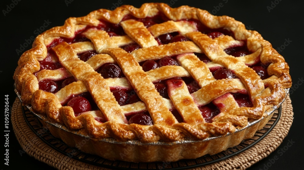 Delicious homemade cherry pie with a lattice crust, freshly baked and ready to serve. Delicious homemade cherry pie with a lattice crust, freshly baked and ready to serve.