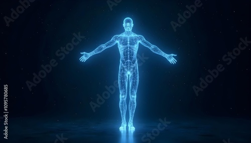 Luminous blue wireframe human body diagram, interconnected lines and point networks,