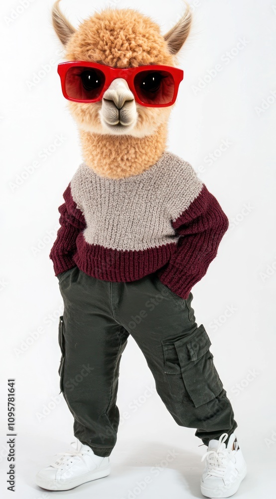 A cute alpaca wearing sunglasses, a sweater and cargo pants. A cute alpaca wearing sunglasses, a sweater and cargo pants.