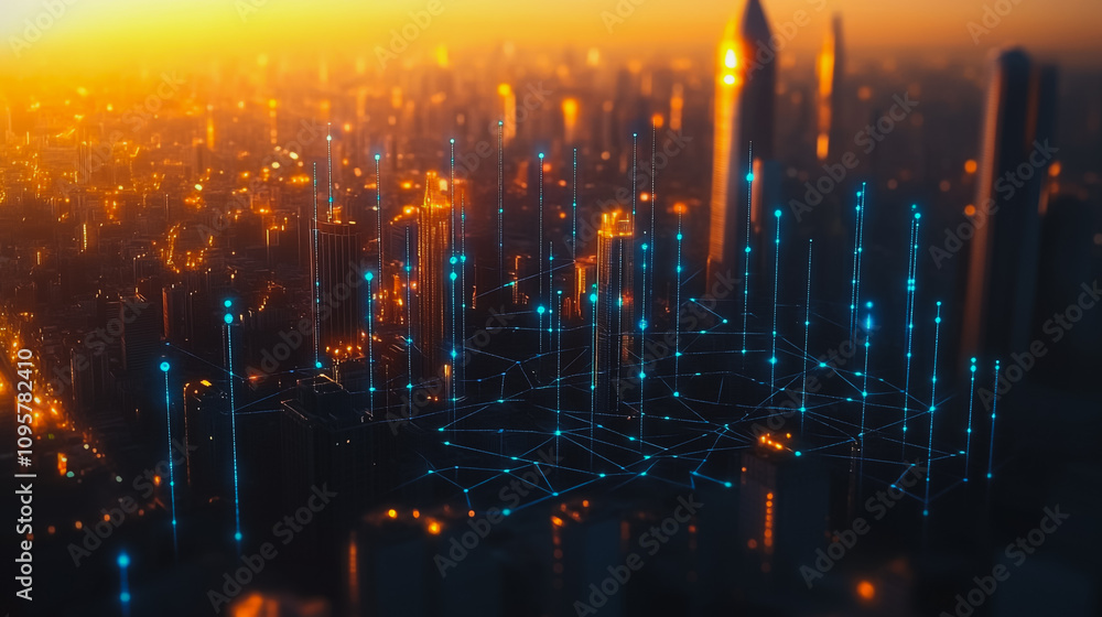 Fototapeta premium Smart digital city with connection Innovation network reciprocity over the sunset cityscape Concept of future wireless digital city and social media networking systems that connects business people