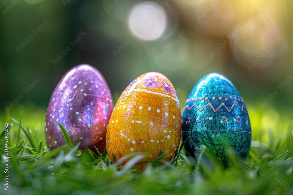 Colorful Easter eggs in nature on green meadow. Colorful Easter eggs in nature on green meadow.