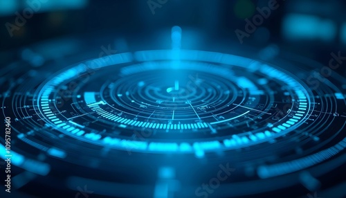 High tech radar or scanner displays with a futuristic feel, featuring concentric circular patterns and glowing blue lines,