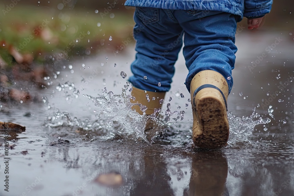 Side view of a child playing in a puddle close-up of feet splashing in the water Side view of a child playing in a puddle close-up of feet splashing in the water