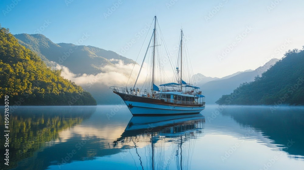 Obraz premium Serene Sailboat Anchored in Tranquil Bay Reflection