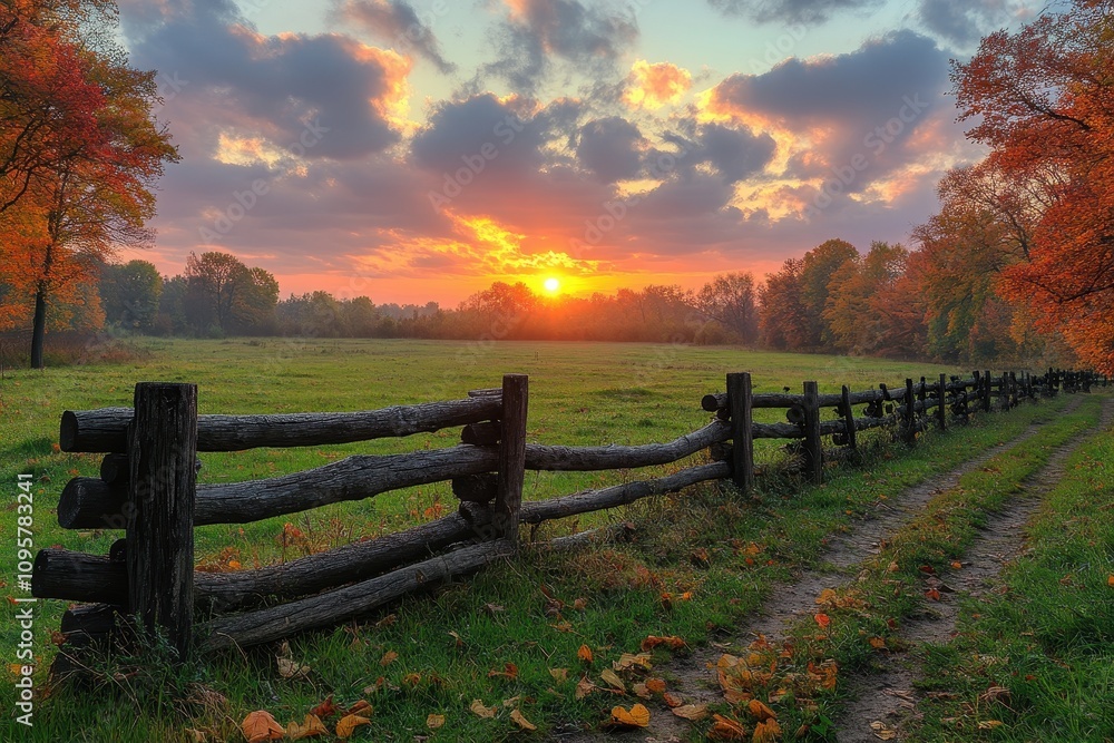Obraz premium Beautiful sunrise over the meadow with a wooden fence and glowing light