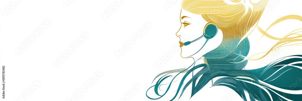 Abstract illustration of a woman wearing a headset, with flowing hair and a teal and gold color scheme. Abstract illustration of a woman wearing a headset, with flowing hair and a teal and gold color scheme.