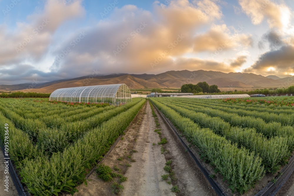 A dirt path leads through a farm field at sunrise with rows of crops and a greenhouse in the distance. A dirt path leads through a farm field at sunrise with rows of crops and a greenhouse in the distance.