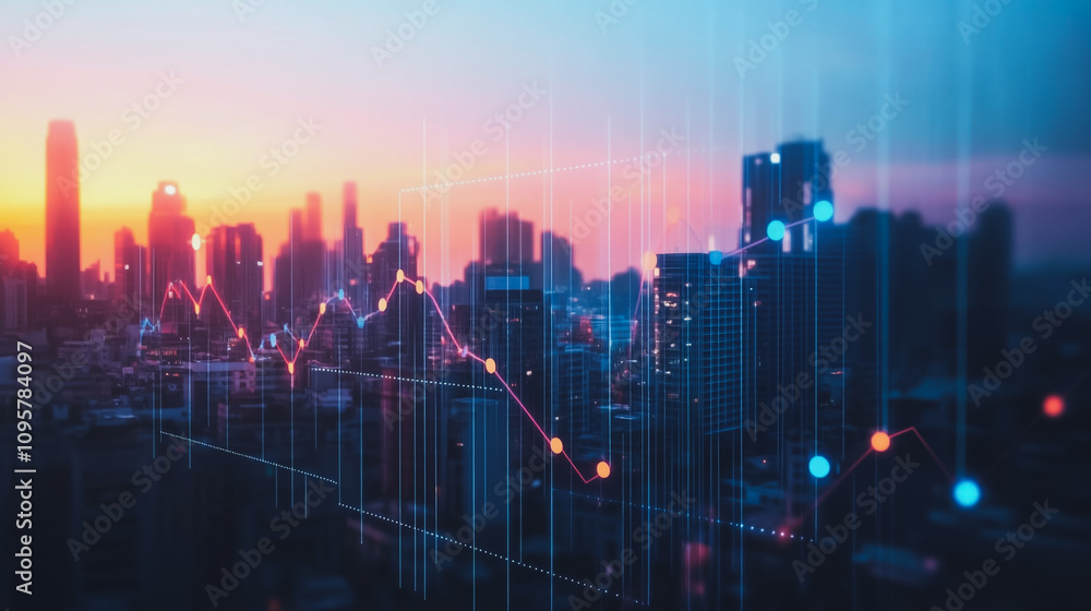 Obraz premium Smart digital city with connection Innovation network reciprocity over the sunset cityscape Concept of future wireless digital city and social media networking systems that connects business people