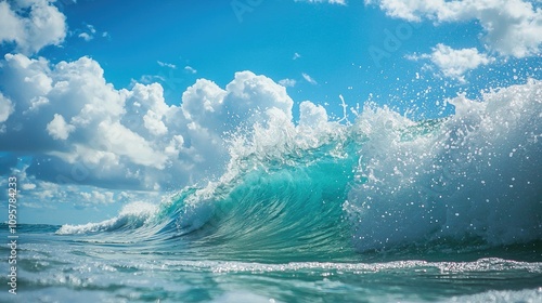 Fototapeta Naklejka Na Ścianę i Meble -  a picture of a huge light blue ocean wave cresting, from the side, bright blue sky with puffy white clouds in the background