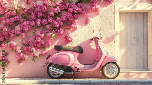 Fototapeta Naklejka Na Ścianę i Meble -  A pink   scooter parked in front of a house with pink flowers growing on the wall, realistic photography style, sunlight shining, light, bright,