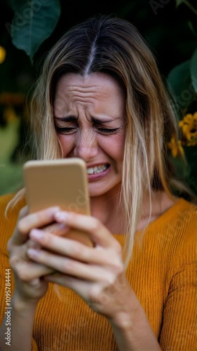sad and crying woman receiving bad news on her smartphone
