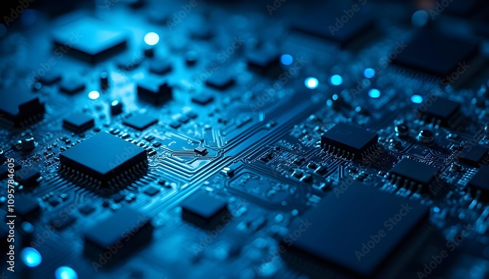Close up view of the blue circuit board, featuring complex electronic components and wiring patterns Close up view of the blue circuit board, featuring complex electronic components and wiring patterns