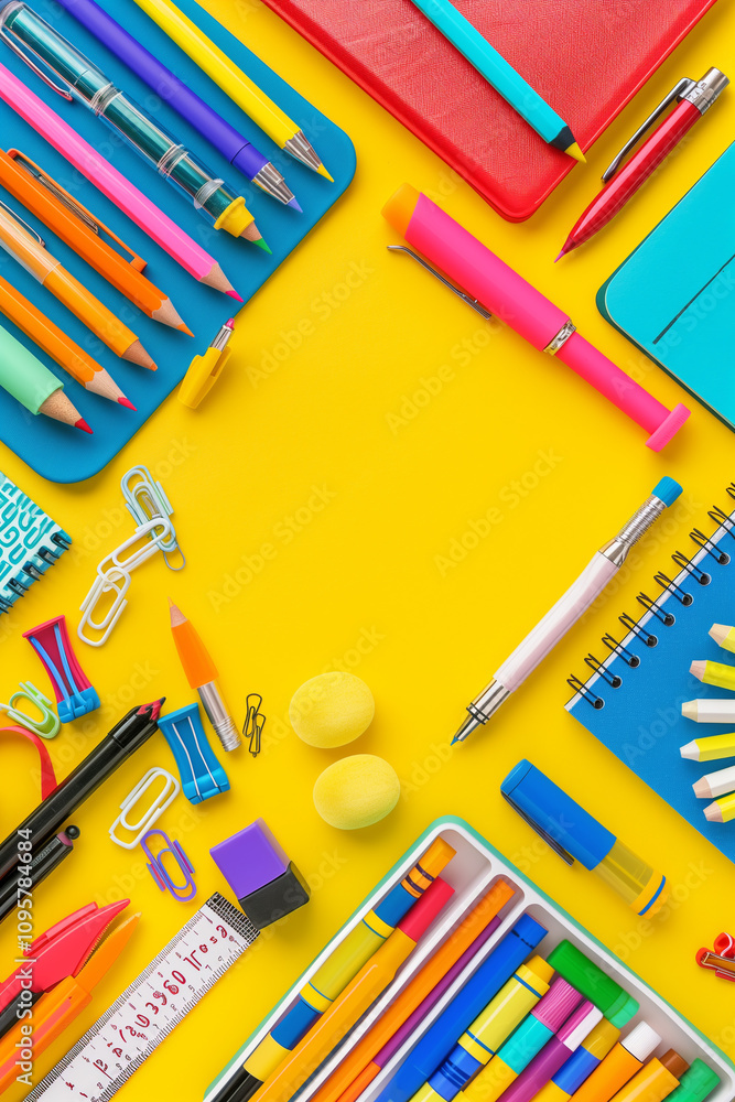 School stationery on a yellow background. Back to school creative template. School stationery on a yellow background. Back to school creative template.