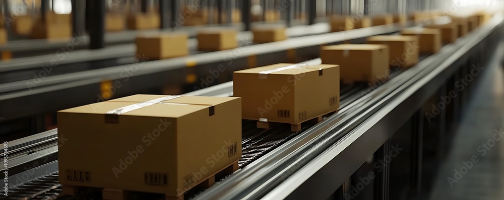 A conveyor belt transporting brown cardboard boxes in a warehouse setting. A conveyor belt transporting brown cardboard boxes in a warehouse setting.