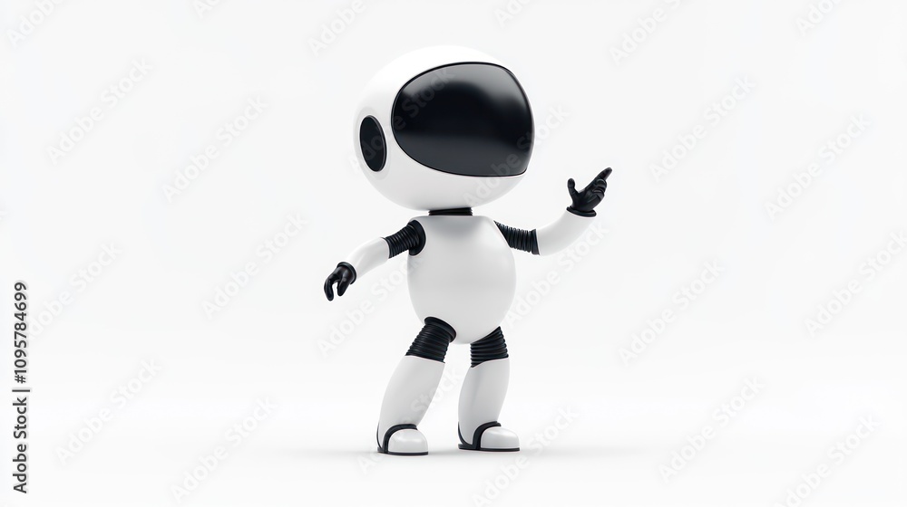 A friendly white cartoon robot with black accents stands with its right hand extended. A friendly white cartoon robot with black accents stands with its right hand extended.