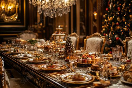 luxurious holiday dining table set with elegant dishes, sparkling glassware, and festive decorations, creating warm and inviting atmosphere