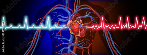 Canvastavla Congestive Heart Failure or CHF as a heart condition resulting in human cardiac failure as an ekg or ecg symbol with an irregular heart beat as a cardiovascular organ unable to pump blood effectively