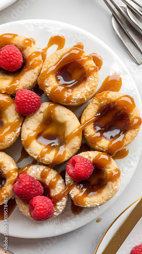 Wallpaper Mural A white plate holds multiple small, round, light-brown baked goods topped with caramel sauce and fresh raspberries. The desserts are clustered together, with caramel drizzled across the plate. Torontodigital.ca