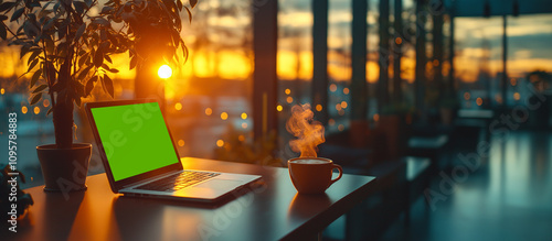 Wallpaper Mural A cozy workspace with a laptop, coffee, and a sunset view. Perfect for promoting remote work and productivity. Torontodigital.ca