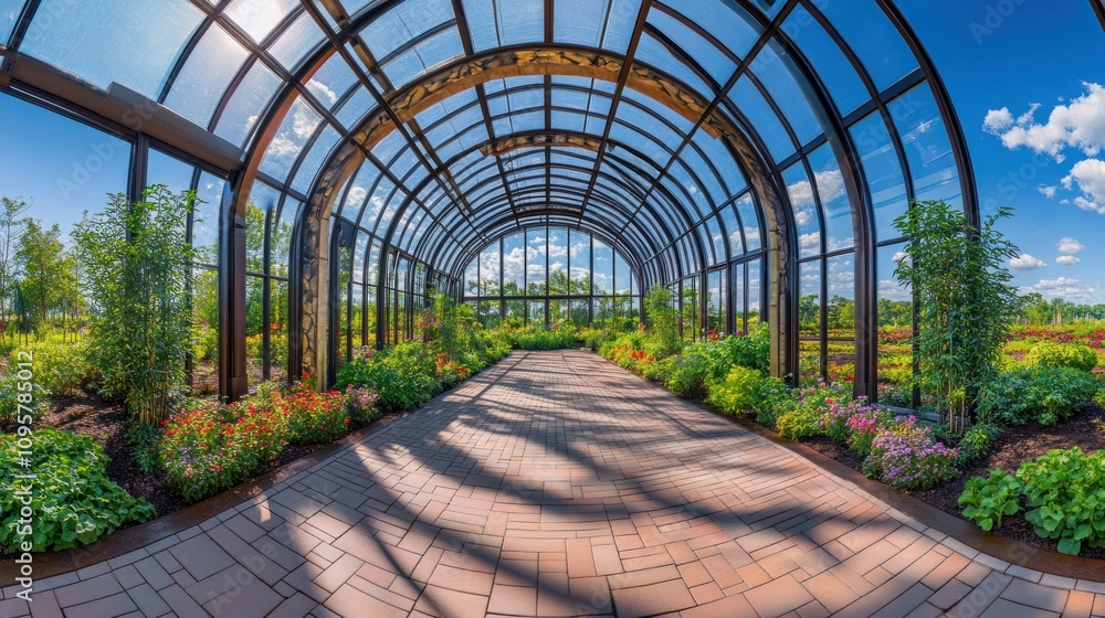 A walkway through a glass-enclosed garden with vibrant flowers and a blue sky overhead. A walkway through a glass-enclosed garden with vibrant flowers and a blue sky overhead.