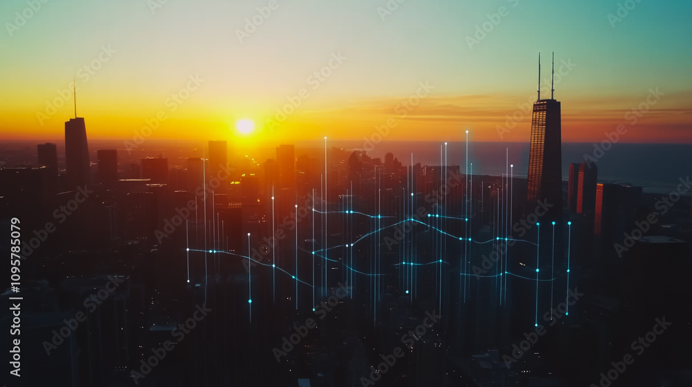 Fototapeta premium Smart digital city with connection Innovation network reciprocity over the sunset cityscape Concept of future wireless digital city and social media networking systems that connects business people