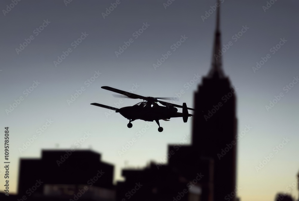 ettegram A mini aircraft flying through the city, with its silho ettegram A mini aircraft flying through the city, with its silho