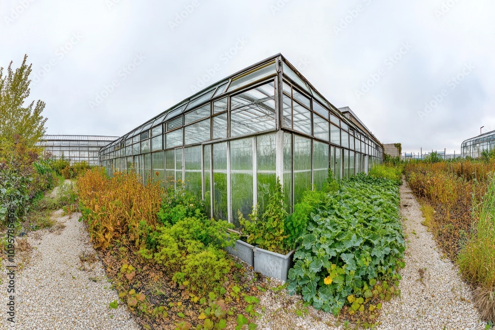 A large greenhouse with glass panels stands in a garden with rows of plants. A large greenhouse with glass panels stands in a garden with rows of plants.