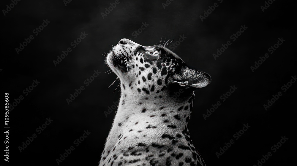A black and white photo of a jaguar looking upwards. A black and white photo of a jaguar looking upwards.