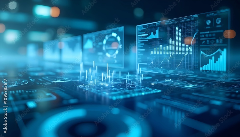 custom made wallpaper toronto digitalDisplay various graphics, charts, and data visualizations on a transparent screen with a blue and white background, utilizing advanced technology and data analysis,