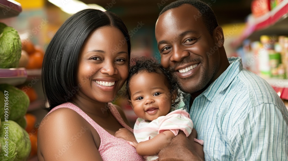 Happy African American family with baby in grocery store. Happy African American family with baby in grocery store.