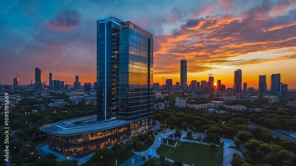 Fototapeta premium Smart digital city with connection Innovation network reciprocity over the sunset cityscape Concept of future wireless digital city and social media networking systems that connects business people