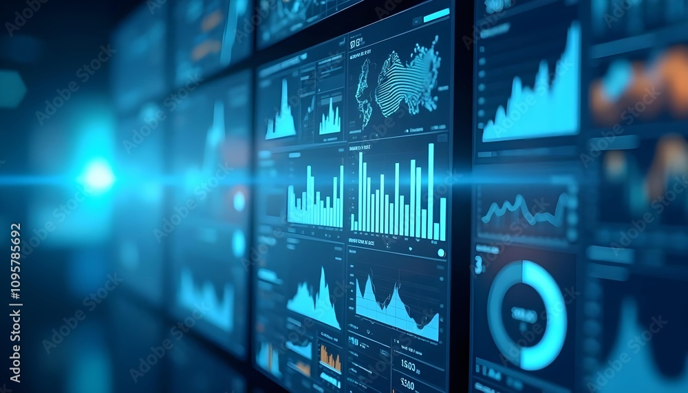 Display various graphics, charts, and data visualizations on a transparent screen with a blue and white background, utilizing advanced technology and data analysis, Display various graphics, charts, and data visualizations on a transparent screen with a blue and white background, utilizing advanced technology and data analysis,