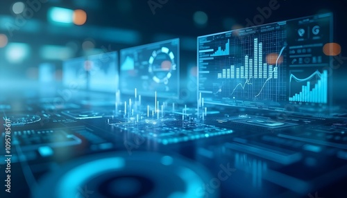 Wallpaper Mural Display various graphics, charts, and data visualizations on a transparent screen with a blue and white background, utilizing advanced technology and data analysis, Torontodigital.ca