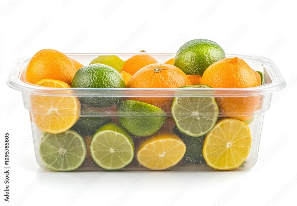 A clear plastic container filled with whole and halved limes and oranges. A clear plastic container filled with whole and halved limes and oranges.