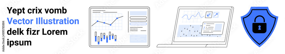 Graphs on a screen, a laptop with charts, and a shield with a lock highlight data analysis and cybersecurity themes. Ideal for business analytics, data visualization, cybersecurity, IT security Graphs on a screen, a laptop with charts, and a shield with a lock highlight data analysis and cybersecurity themes. Ideal for business analytics, data visualization, cybersecurity, IT security