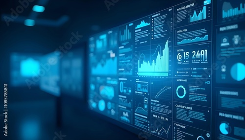 Wallpaper Mural Display various graphics, charts, and data visualizations on a transparent screen with a blue and white background, utilizing advanced technology and data analysis, Torontodigital.ca