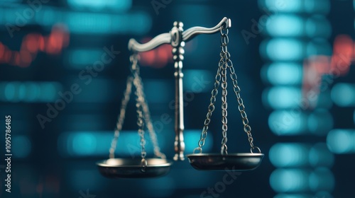 A metallic balance scale set against a digital backdrop, symbolizing justice and law in a modern, financial context.