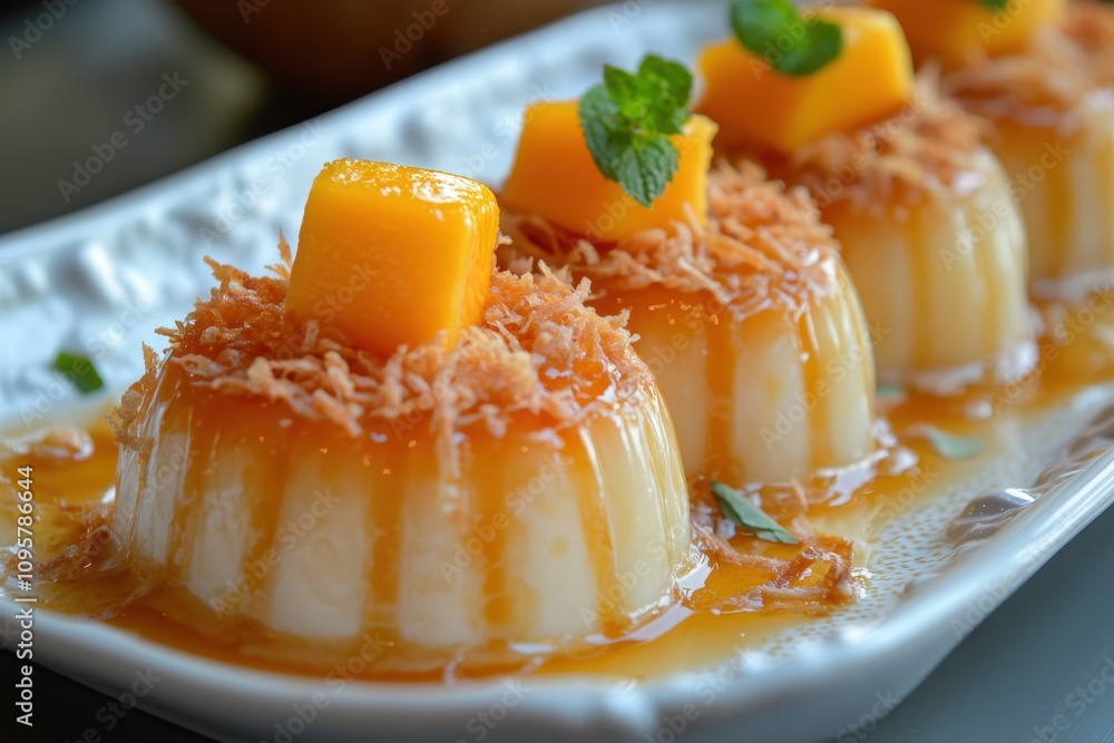 Delicious mango pudding dessert. Perfect for food blogs, menus, or recipe websites. Delicious mango pudding dessert. Perfect for food blogs, menus, or recipe websites.