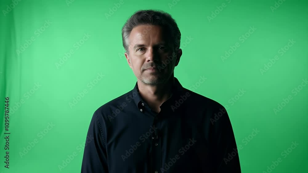 Portrait of a man against a green screen. A serious man in a dark shirt stares intensely into the camera. Portrait of a man against a green screen. A serious man in a dark shirt stares intensely into the camera.