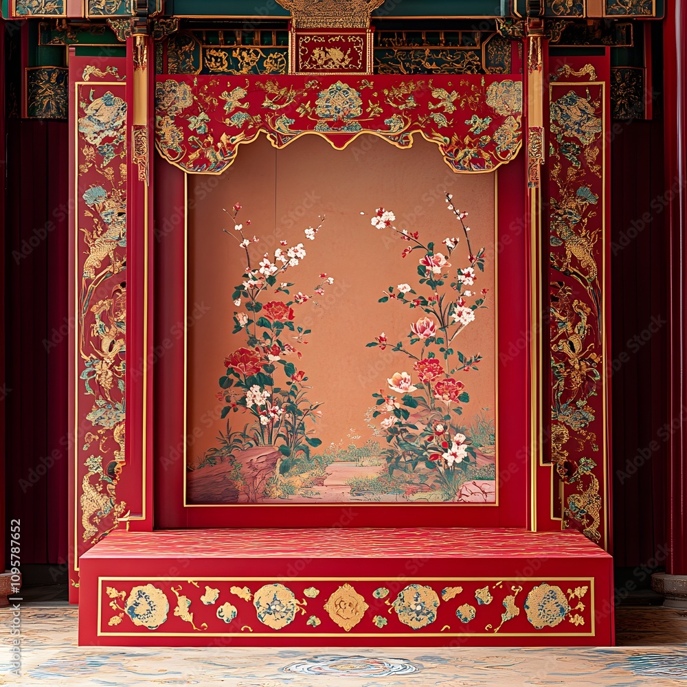 Obraz premium A traditional podium with floral and dragon patterns, framed by red silk and gold motifs, with an open space in the front to showcase a product.