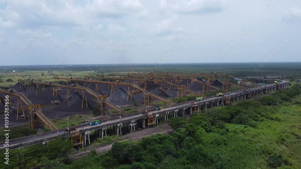 View of the coal terminal air with the activities of coal, barge and coal conveyor trucks View of the coal terminal air with the activities of coal, barge and coal conveyor trucks
