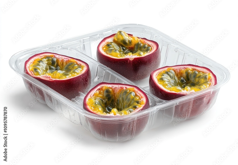 Four halved passion fruits in a clear plastic container. Four halved passion fruits in a clear plastic container.