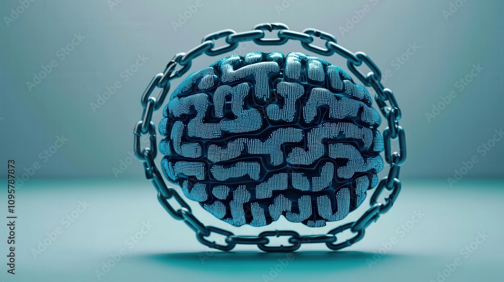 A stylized brain encircled by a chain, symbolizing restriction or limitation in thought and creativity. A stylized brain encircled by a chain, symbolizing restriction or limitation in thought and creativity.